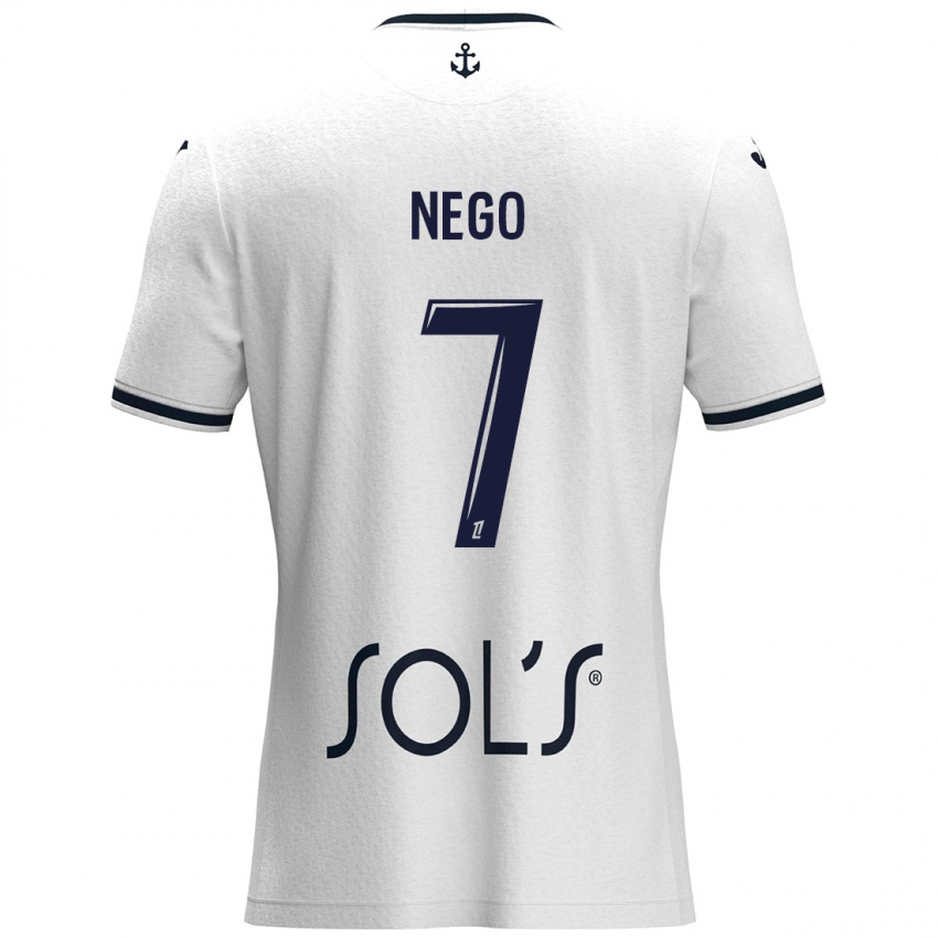 Mujer Camiseta Loïc Nego #7 Blanco Azul Oscuro 2ª Equipación 2024/25 La Camisa Chile