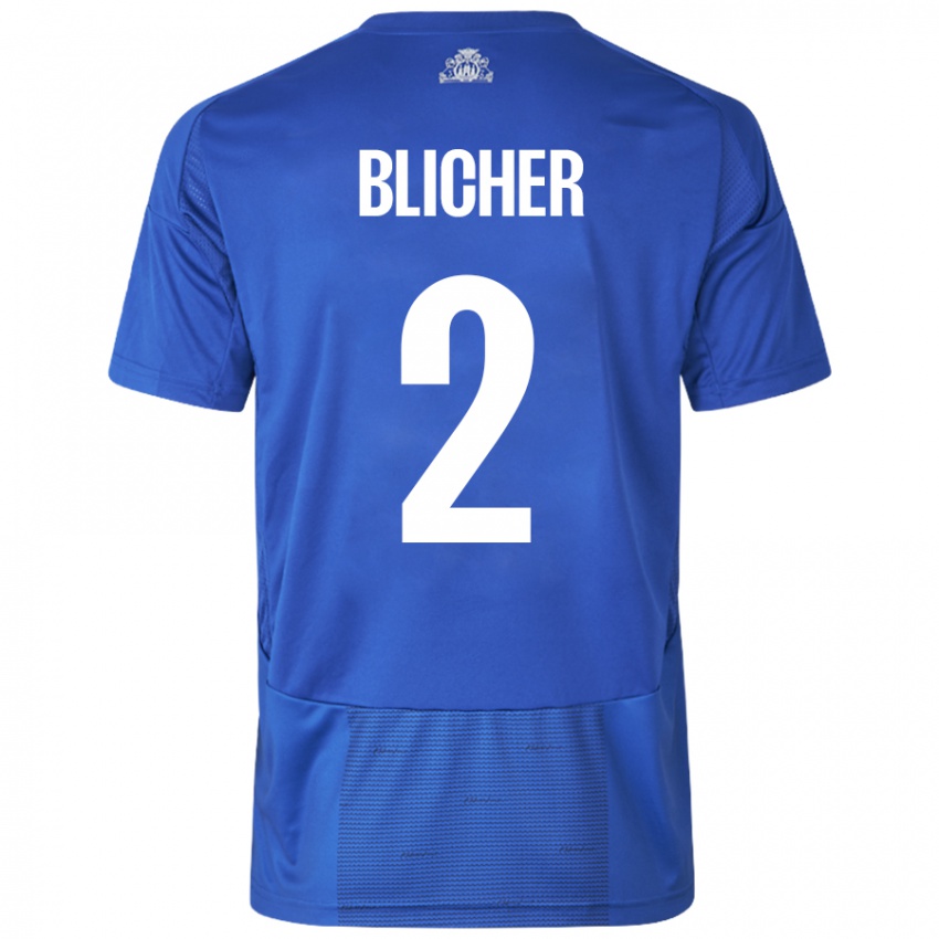 Mujer Camiseta Nicolai Blicher #2 Blanco Azul 2ª Equipación 2024/25 La Camisa Chile