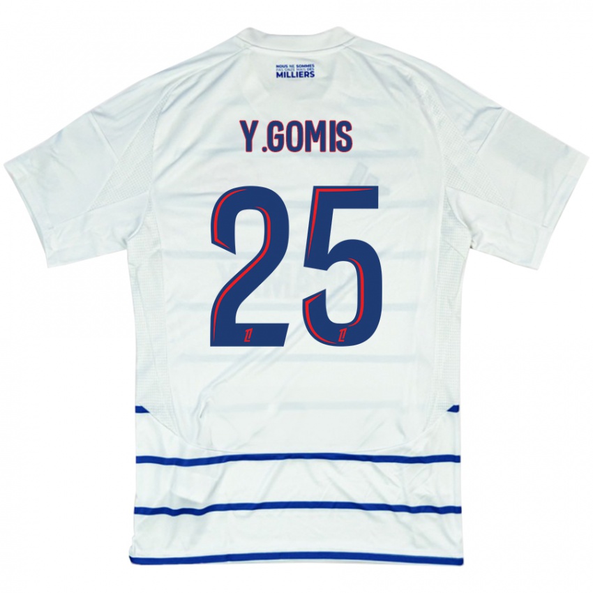 Mujer Camiseta Yoni Gomis #25 Blanco Azul 2ª Equipación 2024/25 La Camisa Chile